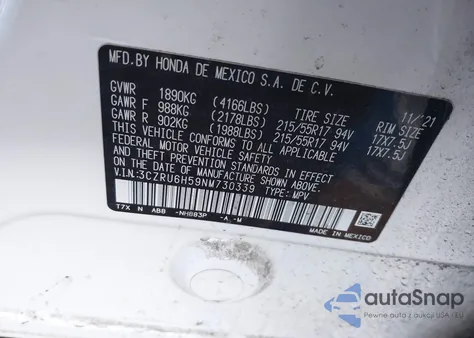 2022 Honda Hr-V Awd Ex z USA, uszkodzony, nr VIN 3CZRU6H59NM730339